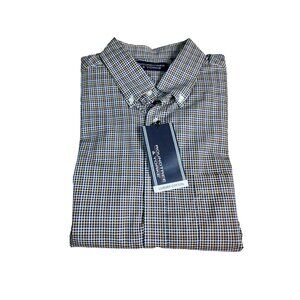 Mens Long Sleeve Button-Down Shirt Blue Yellow Check Roundtree & Yorke Size L